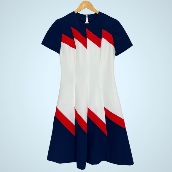 Vintage Handmade Geometric Dress‎ Pieced Together Quilted Zigzag Red Mod Sporty - Picture 1 of 11